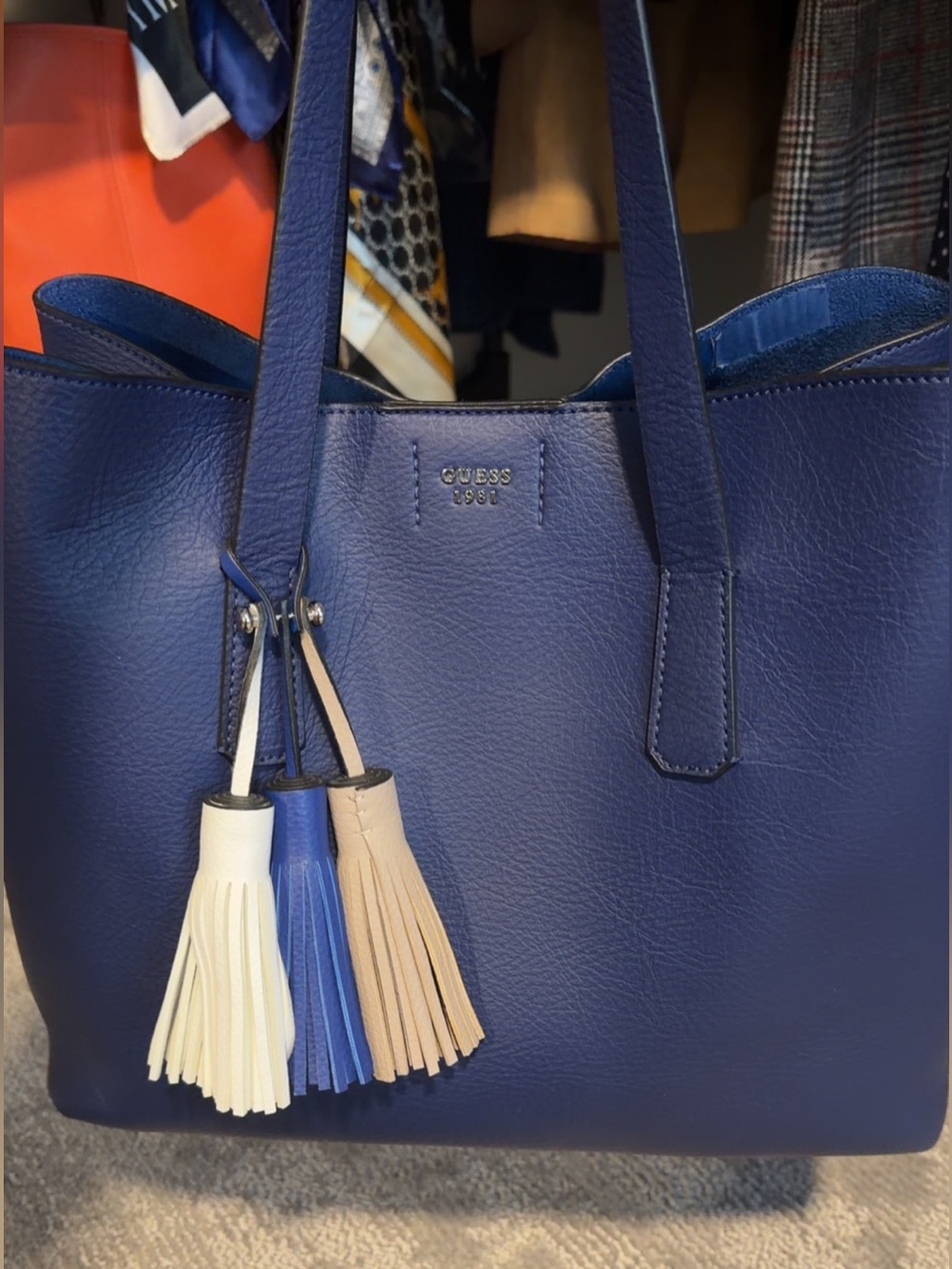 GUESS Leather Dark Blue Tote with Multicolor Tassel Charms NEW Magnetic Closure.
